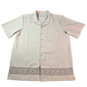 Irvine Park Men's Tan Short Sleeve Embroidered Hem Camp Collar Shirt Size L
